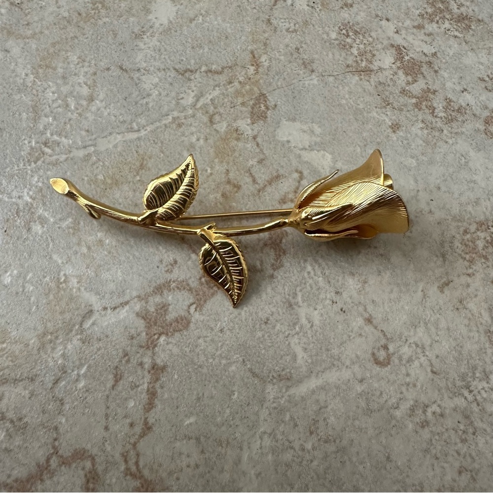 Gold Rose Stem Brooch Pin - Elegant Floral Jewelry